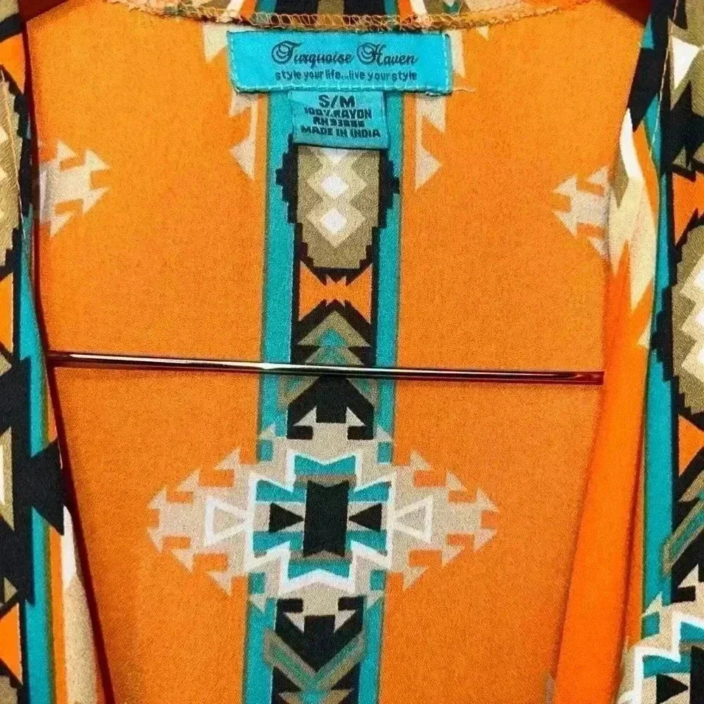 Turquoise Haven Long Rayon Kimono S/M Orange Teal Aztec / Western Wear Design - Picture 5 of 12